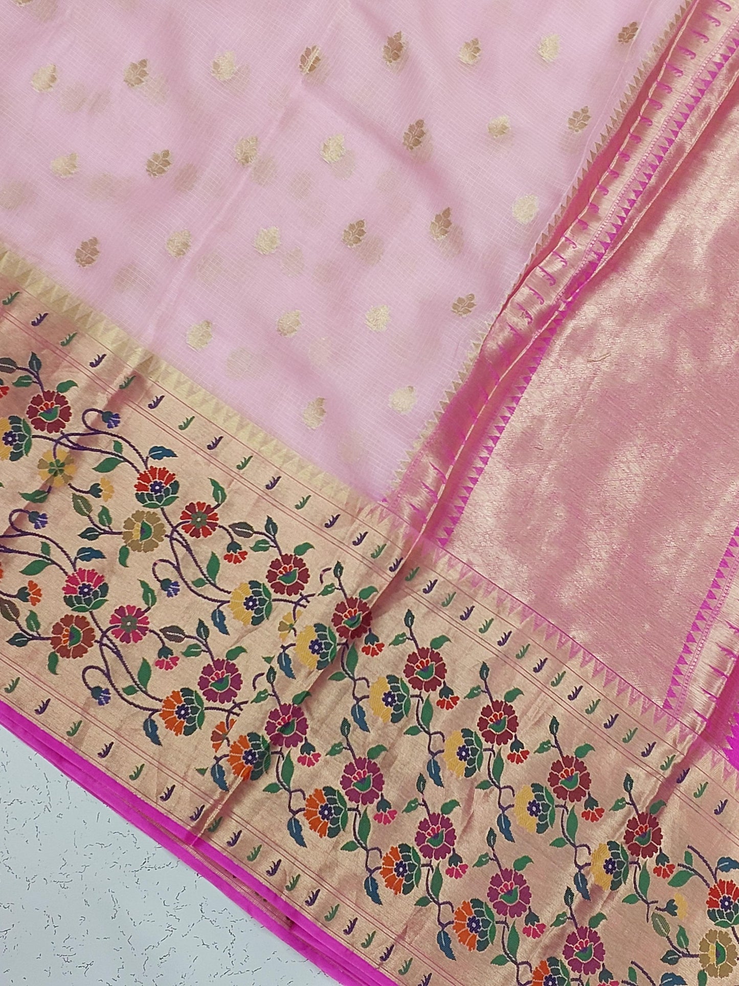 Banarasi Pure Kota Tussar silk saree with paithani skirt Border- light & Rani