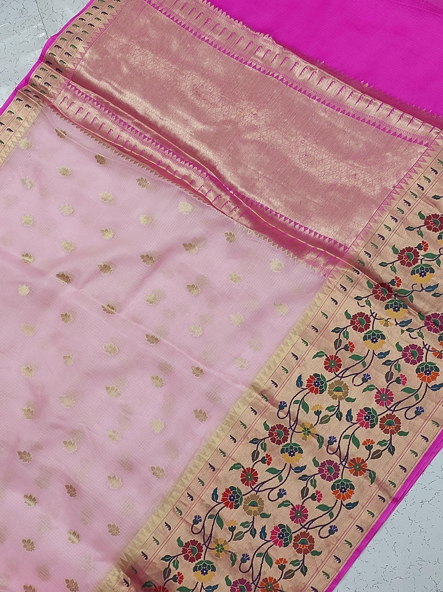 Banarasi Pure Kota Tussar silk saree with paithani skirt Border- light & Rani