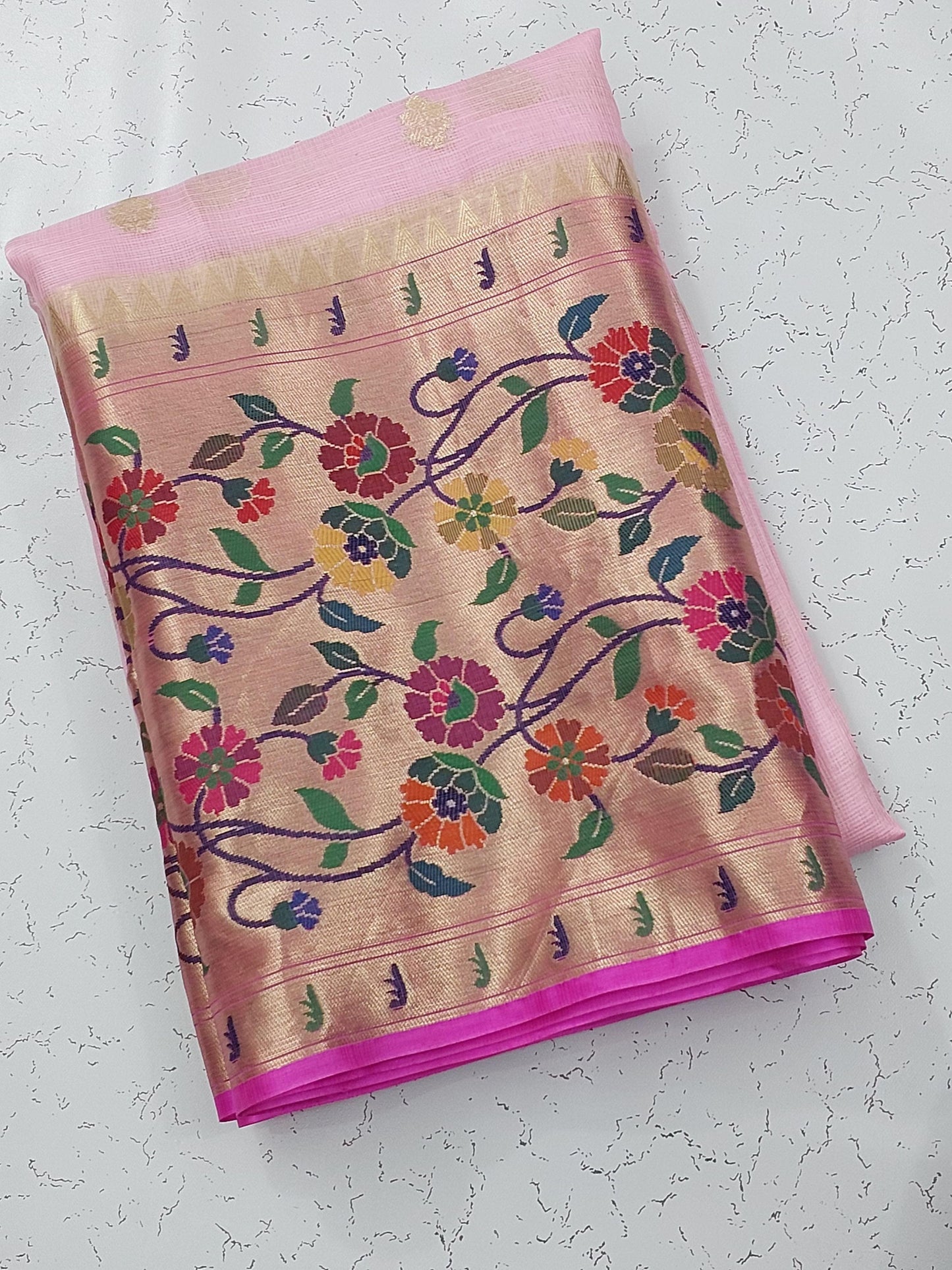 Banarasi Pure Kota Tussar silk saree with paithani skirt Border- light & Rani