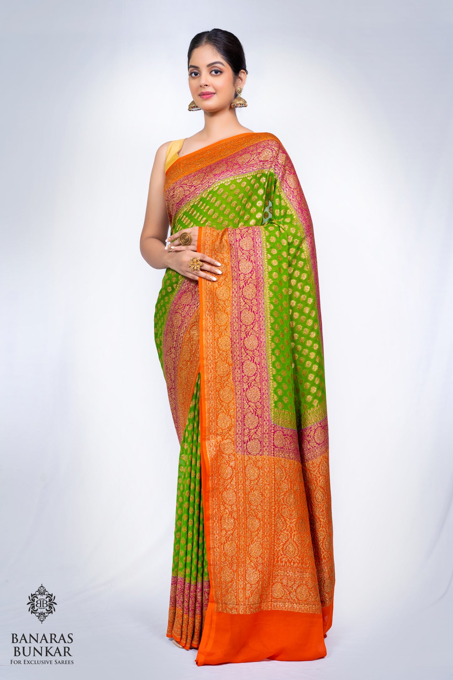 Banarasi Pure Khaddi Georgette silk saree Buti Pattern with 3D Skirt Border