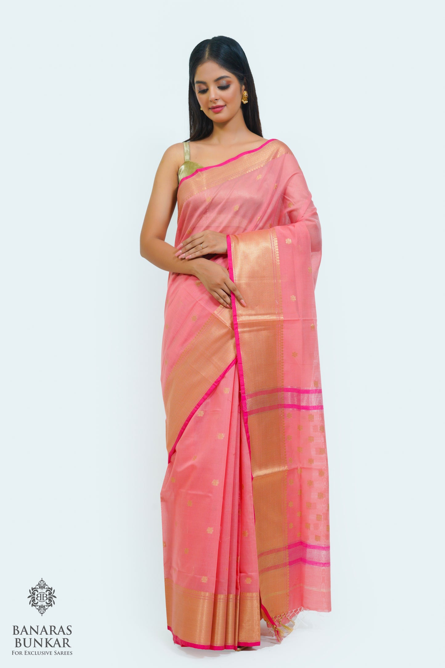 Banarasi handloom cotton silk saree allover flower Buti design with skirt Border