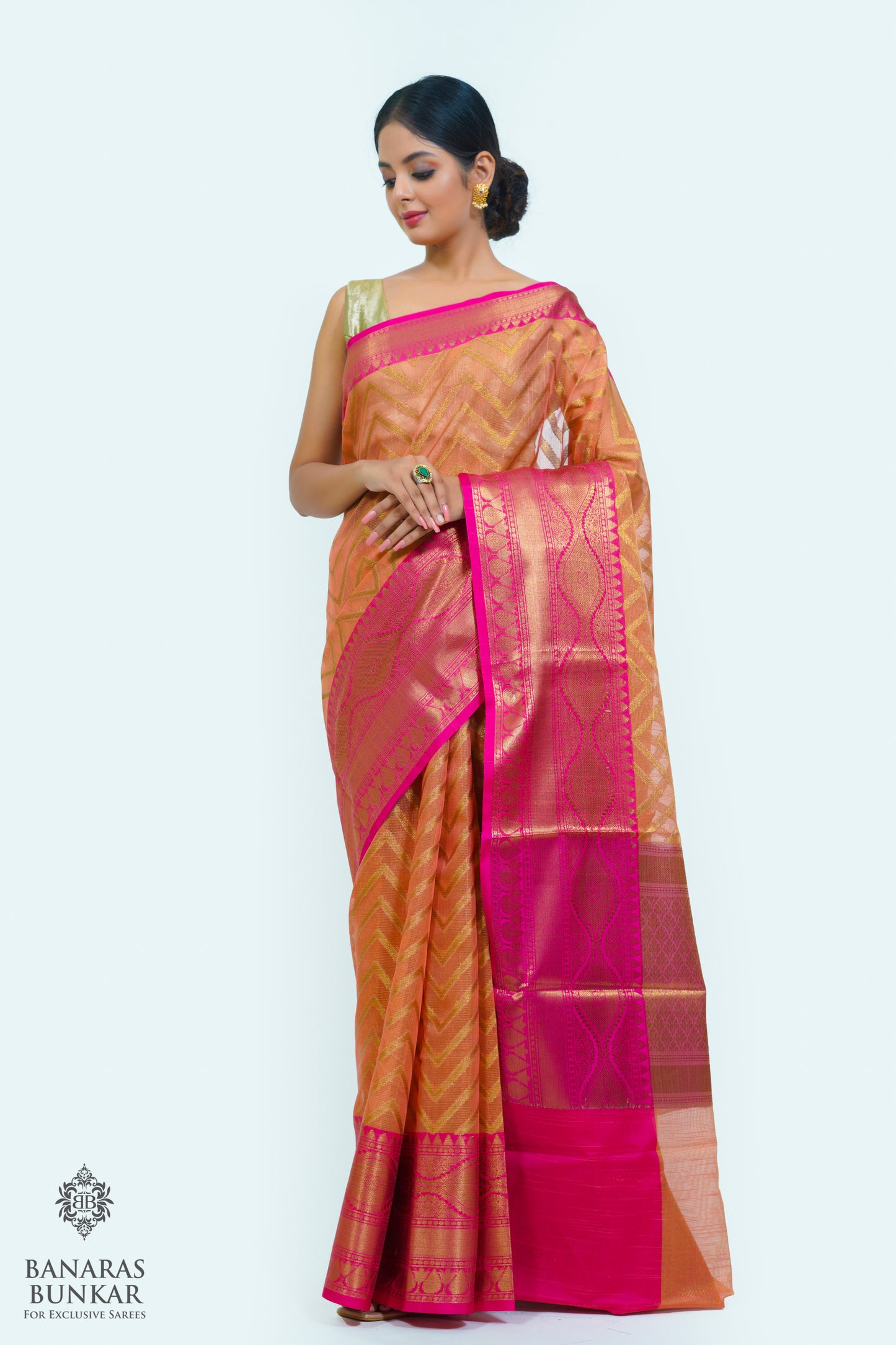 Banarasi cotton tissue silk saree allover zigzag design with contrast skirt Bord