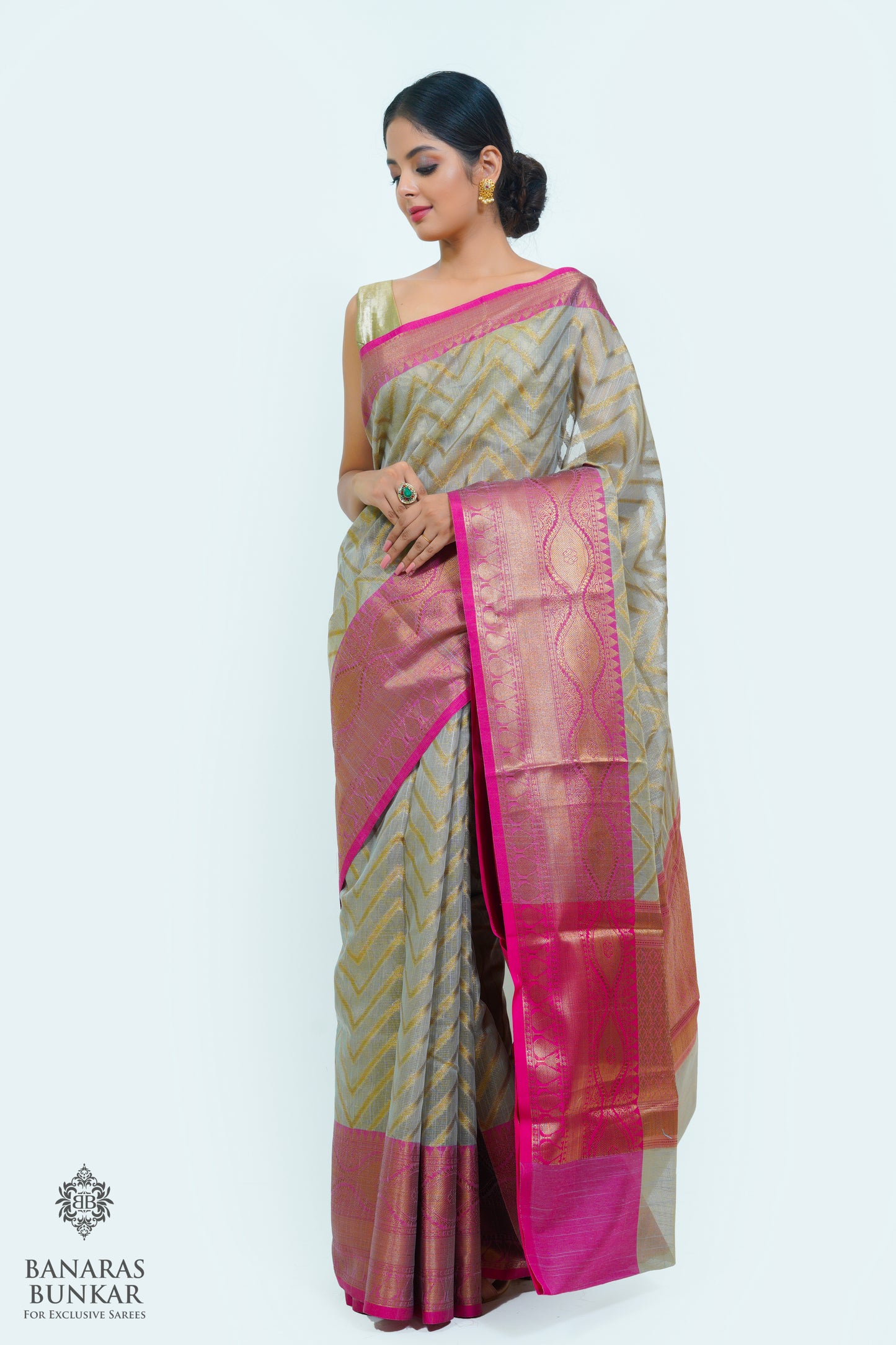 Banarasi cotton tissue silk saree allover zigzag design with contrast skirt Bord
