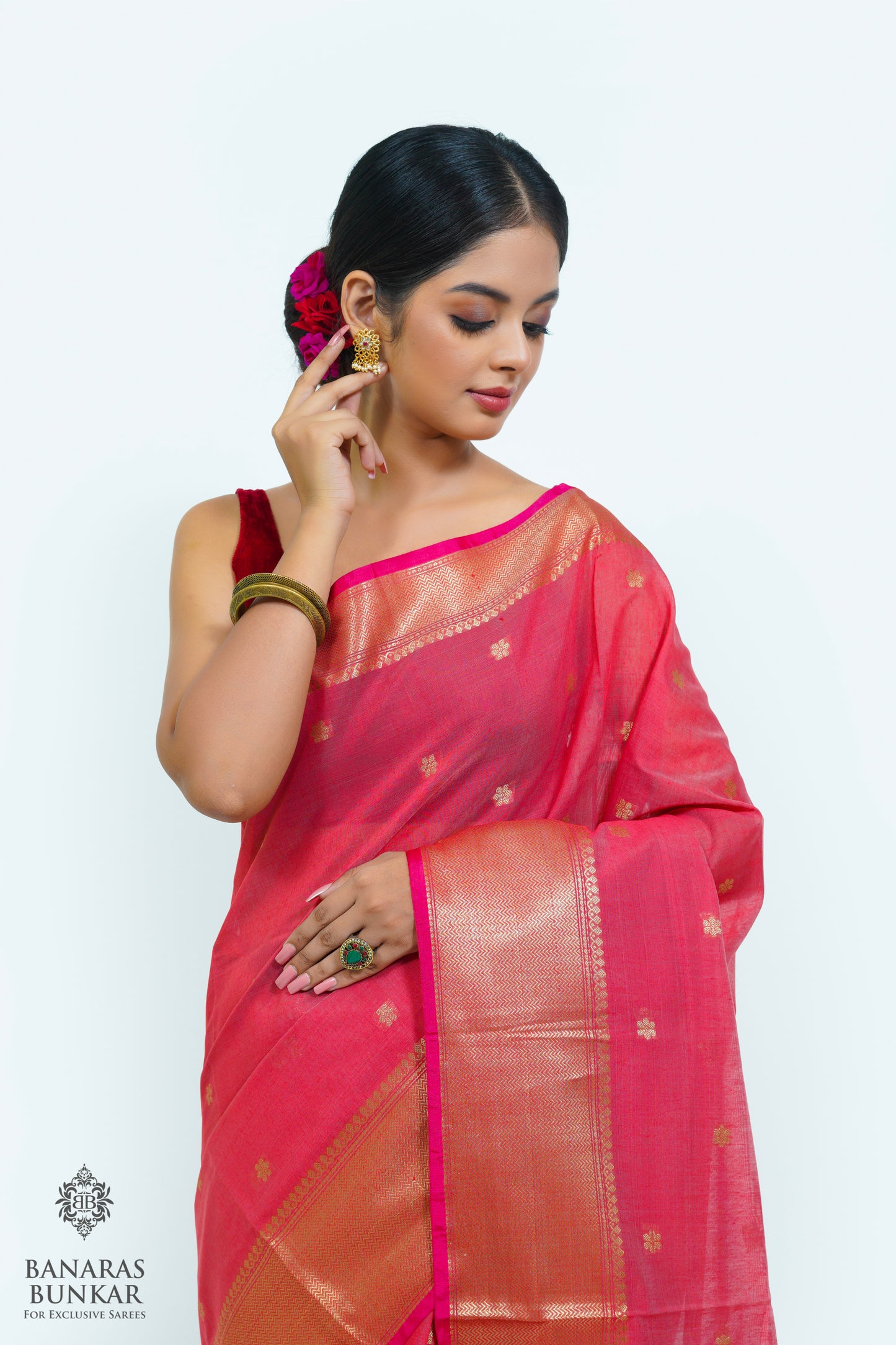 Banarasi handloom cotton silk saree allover flower Buti design with skirt Border