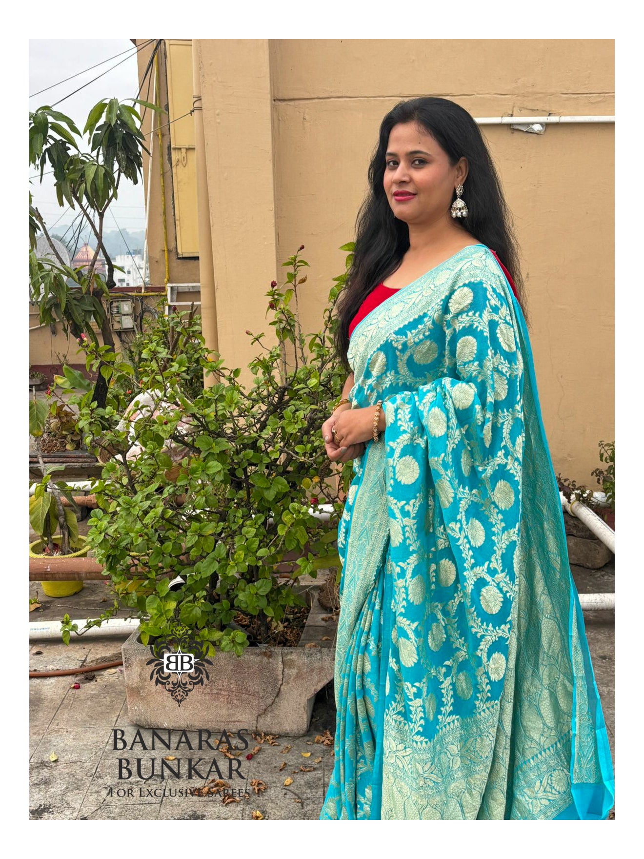 Teal Blue Banarasi Handloom Khaddi Georgette saree| Allover Floral Jaal Design & Equal Border in water zari