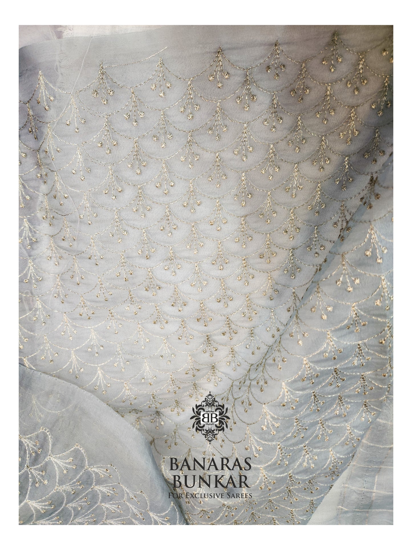 Banarasi Pure Chikankari Organza Silk Saree with Allover Floral Buta Resham Embroidery