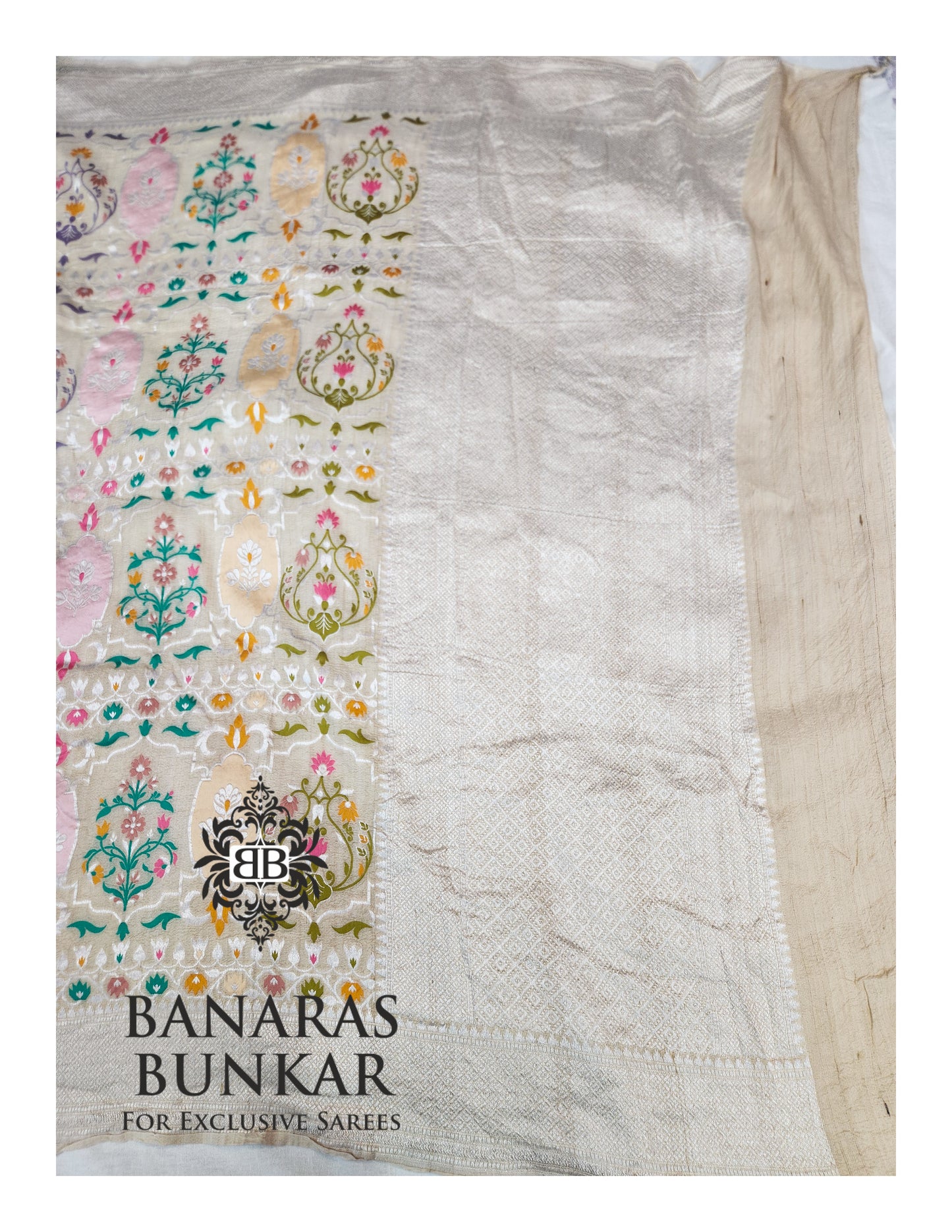 Banarasi Handloom Pure Khaddi Tussar Georgette Saree with Elegant Resham Floral Buta & Gold Zari Weaving