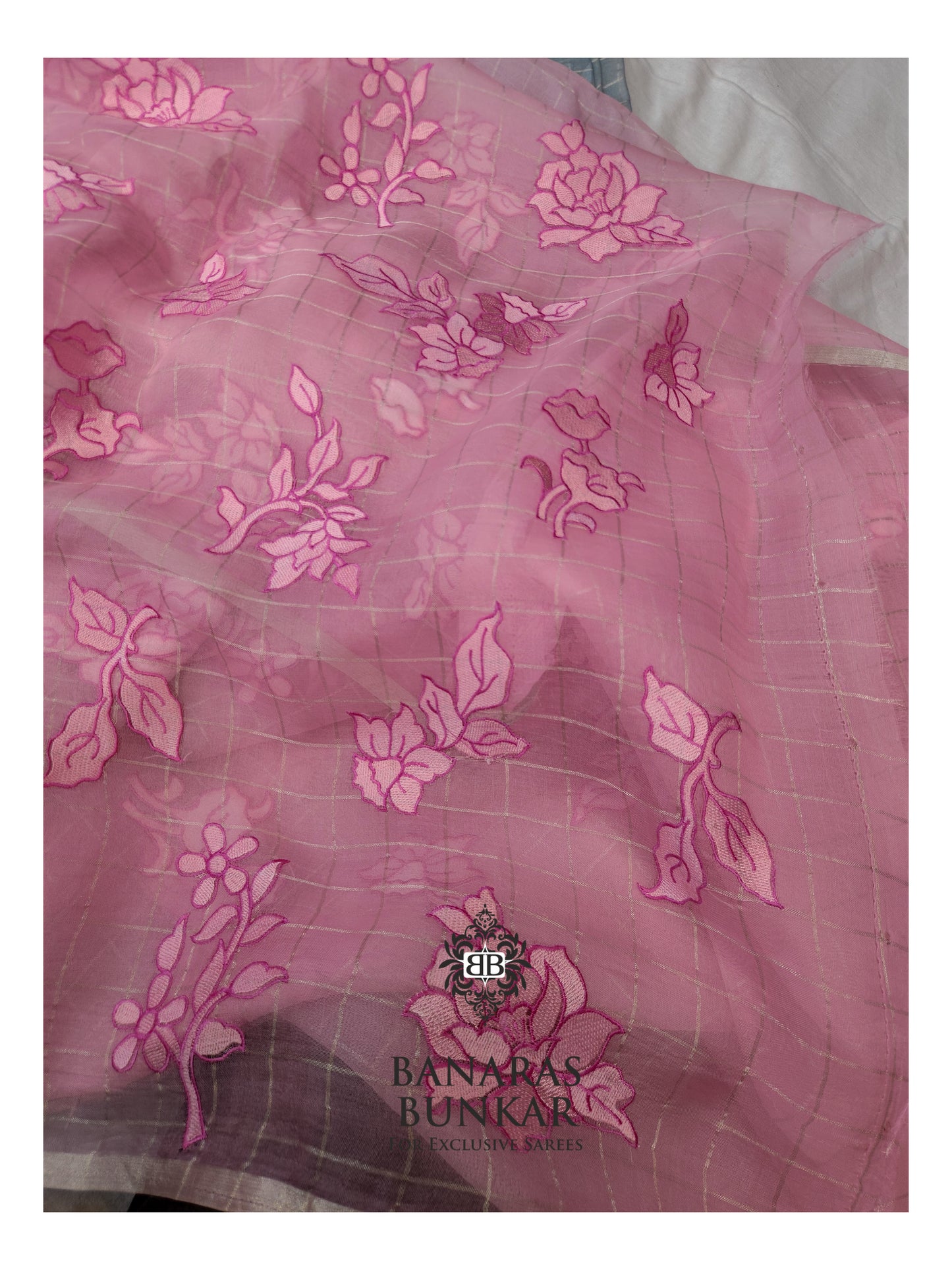 Banarasi Pure Chikankari Organza Silk Saree with Allover Floral Buta Resham Embroidery
