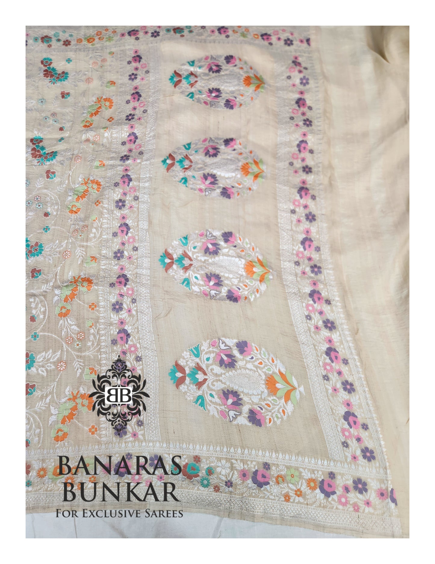 Banarasi Handloom Pure Khaddi Tussar Georgette Saree with Elegant Resham Floral Buta & Gold Zari Weaving