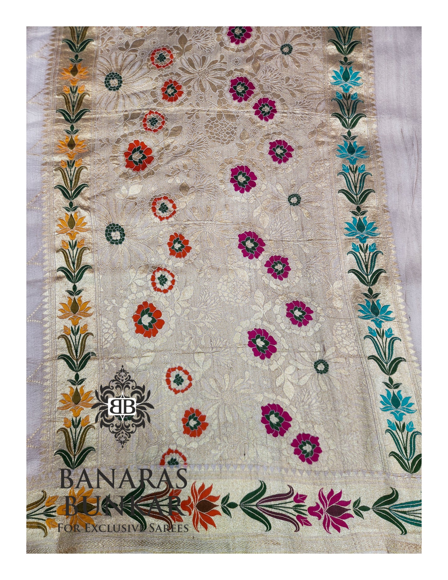 Banarasi Handloom Pure Khaddi Tussar Georgette Saree with Elegant Resham Floral Buta & Gold Zari Weaving