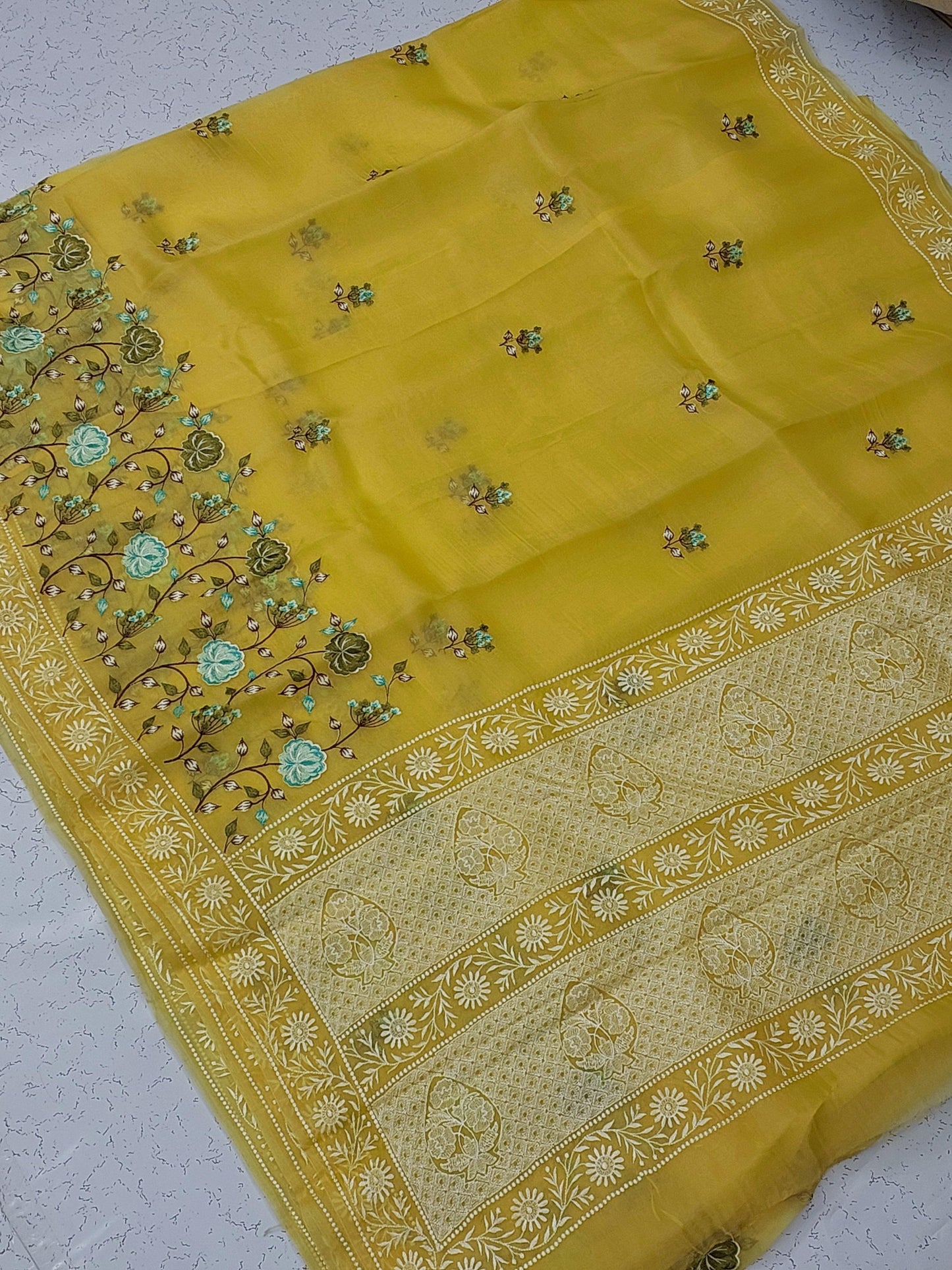 Banarasi Pure Chikankari organza silk saree - yellow