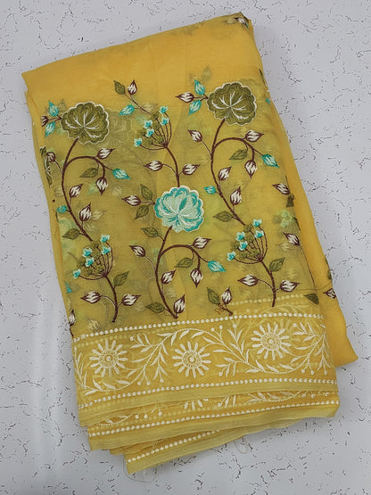 Banarasi Pure Chikankari organza silk saree - yellow