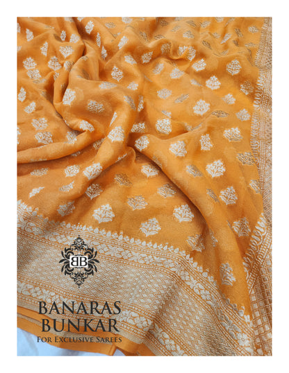 Banarasi Handloom Pure Khaddi Georgette Saree with Allover Buti & Water Zari Designer Pallu