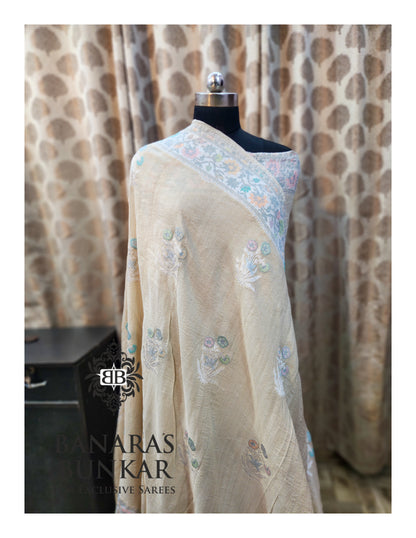 Banarasi Handloom Pure Khaddi Tussar Georgette Saree with Elegant Resham Floral Buta & Silver Zari Weaving