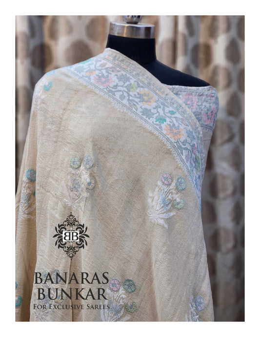 Banarasi Handloom Pure Khaddi Tussar Georgette Saree with Elegant Resham Floral Buta & Silver Zari Weaving
