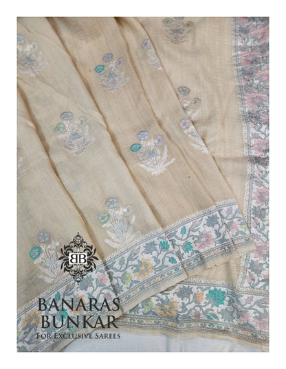 Banarasi Handloom Pure Khaddi Tussar Georgette Saree with Elegant Resham Floral Buta & Silver Zari Weaving