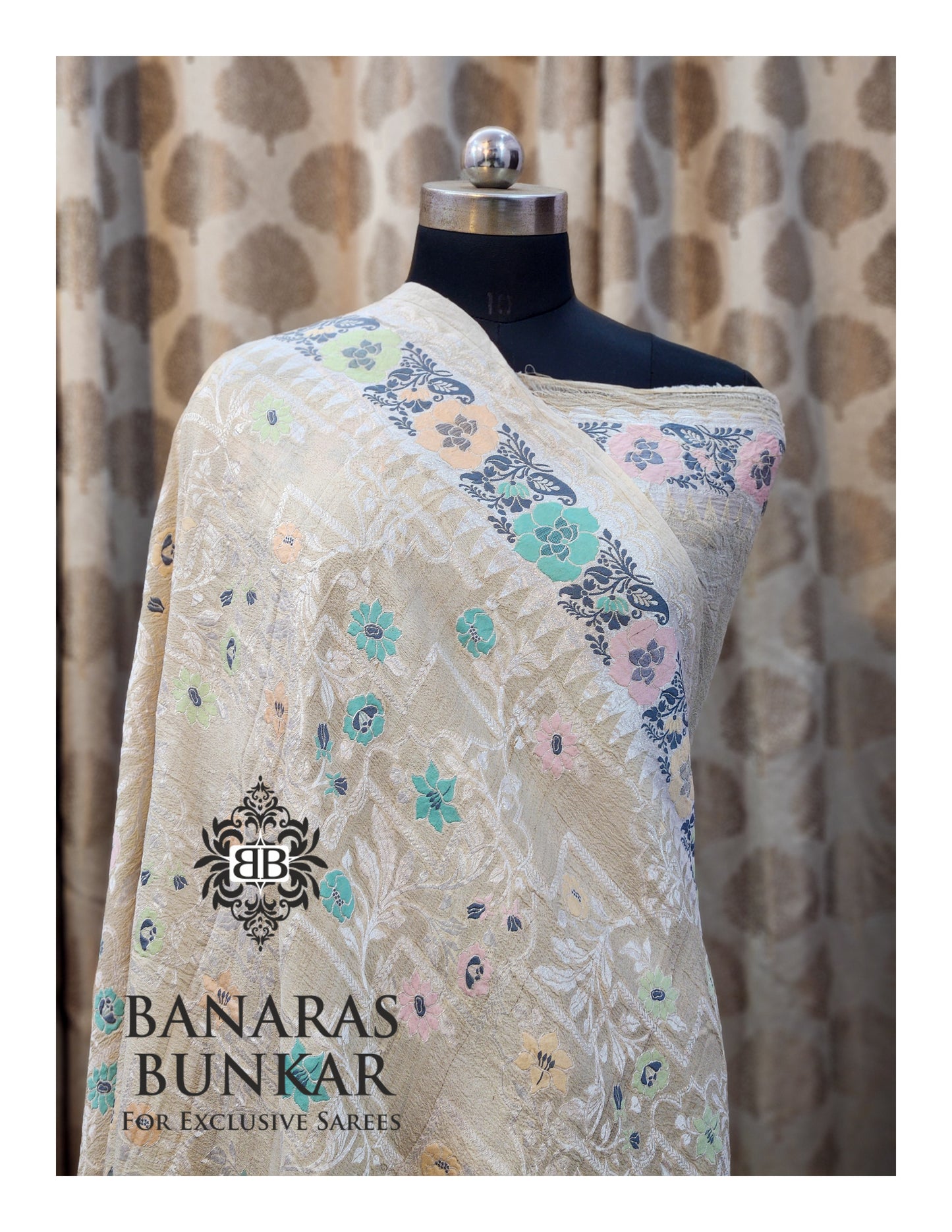 Banarasi Handloom Pure Khaddi Tussar Georgette Saree with Elegant Resham Floral Buti & Silver Zari Weaving