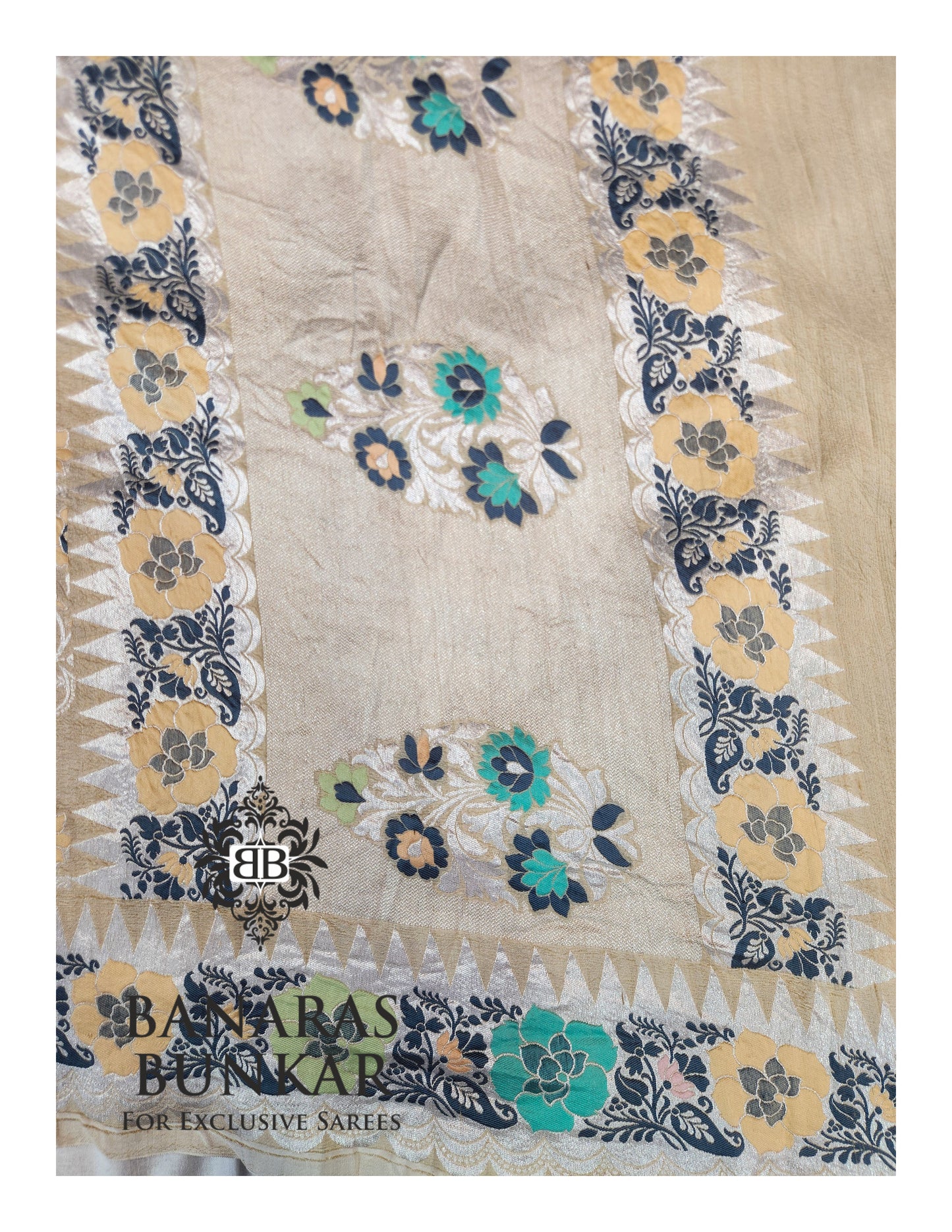 Banarasi Handloom Pure Khaddi Tussar Georgette Saree with Elegant Resham Floral Buti & Silver Zari Weaving