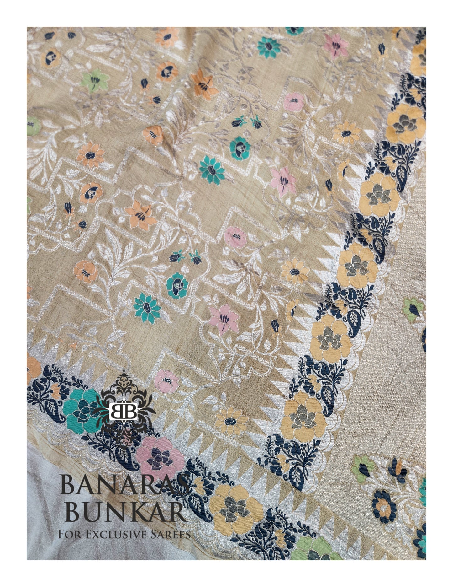 Banarasi Handloom Pure Khaddi Tussar Georgette Saree with Elegant Resham Floral Buti & Silver Zari Weaving