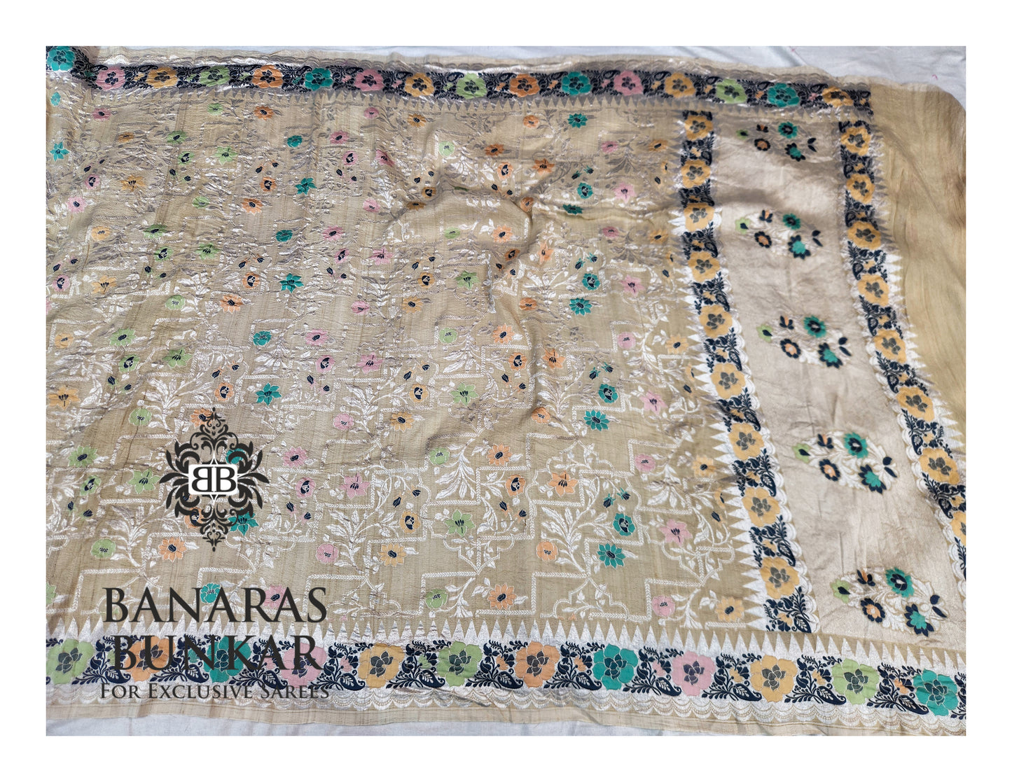 Banarasi Handloom Pure Khaddi Tussar Georgette Saree with Elegant Resham Floral Buti & Silver Zari Weaving