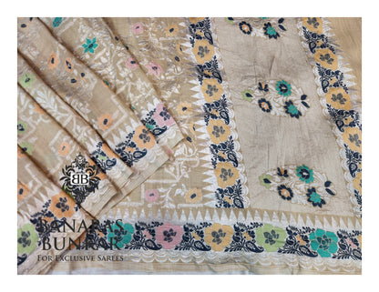 Banarasi Handloom Pure Khaddi Tussar Georgette Saree with Elegant Resham Floral Buti & Silver Zari Weaving