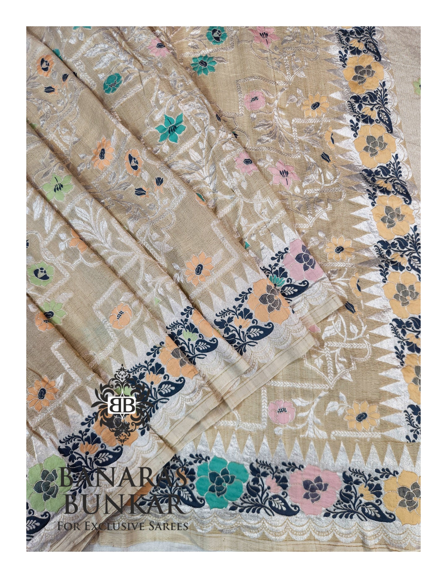 Banarasi Handloom Pure Khaddi Tussar Georgette Saree with Elegant Resham Floral Buti & Silver Zari Weaving