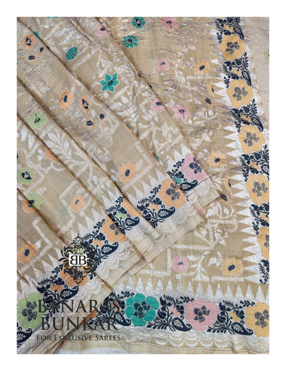 Banarasi Handloom Pure Khaddi Tussar Georgette Saree with Elegant Resham Floral Buti & Silver Zari Weaving