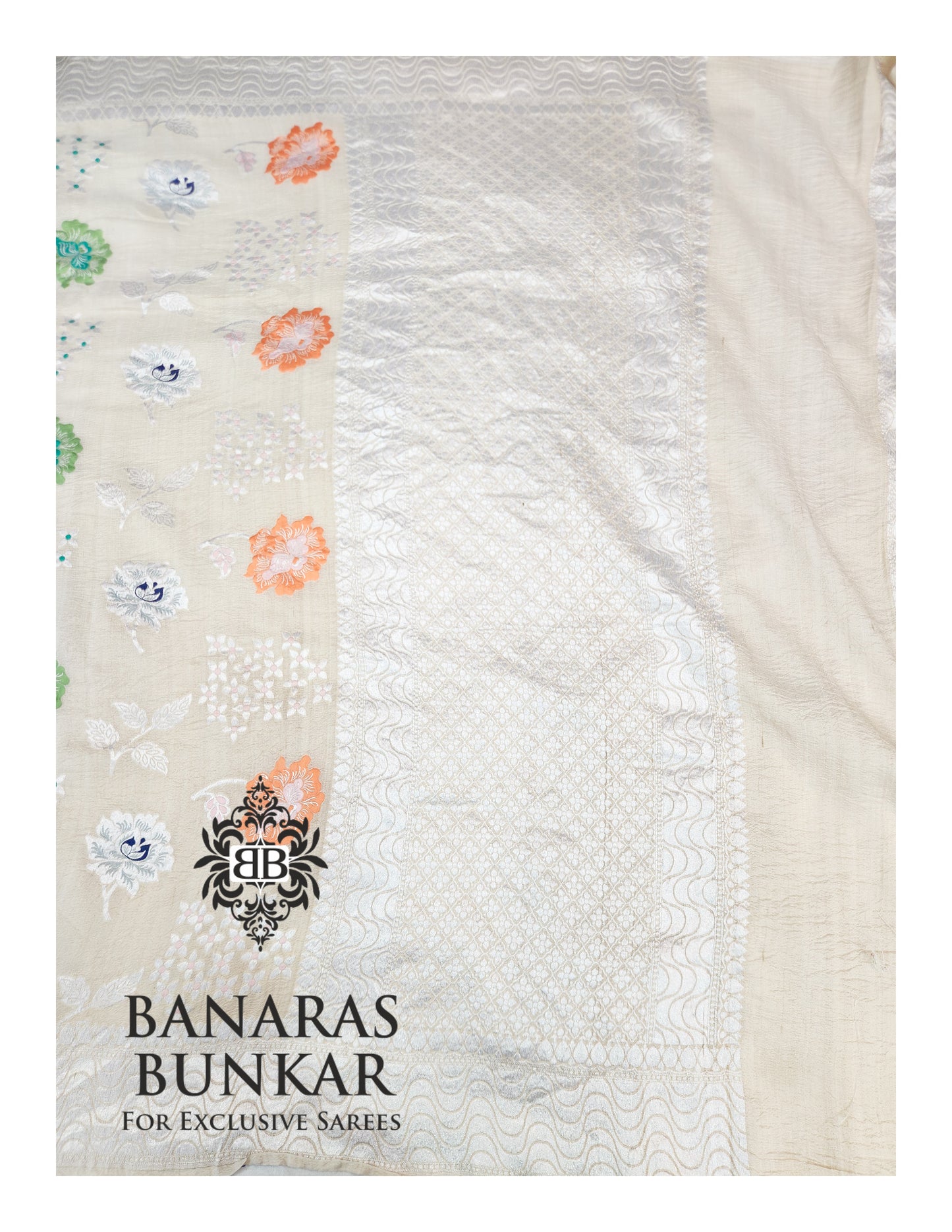 Banarasi Handloom Pure Khaddi Tussar Georgette Saree with Elegant Resham Floral Buti & Silver Zari Weaving
