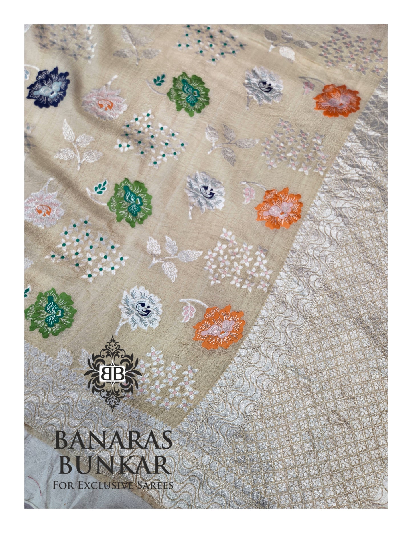 Banarasi Handloom Pure Khaddi Tussar Georgette Saree with Elegant Resham Floral Buti & Silver Zari Weaving