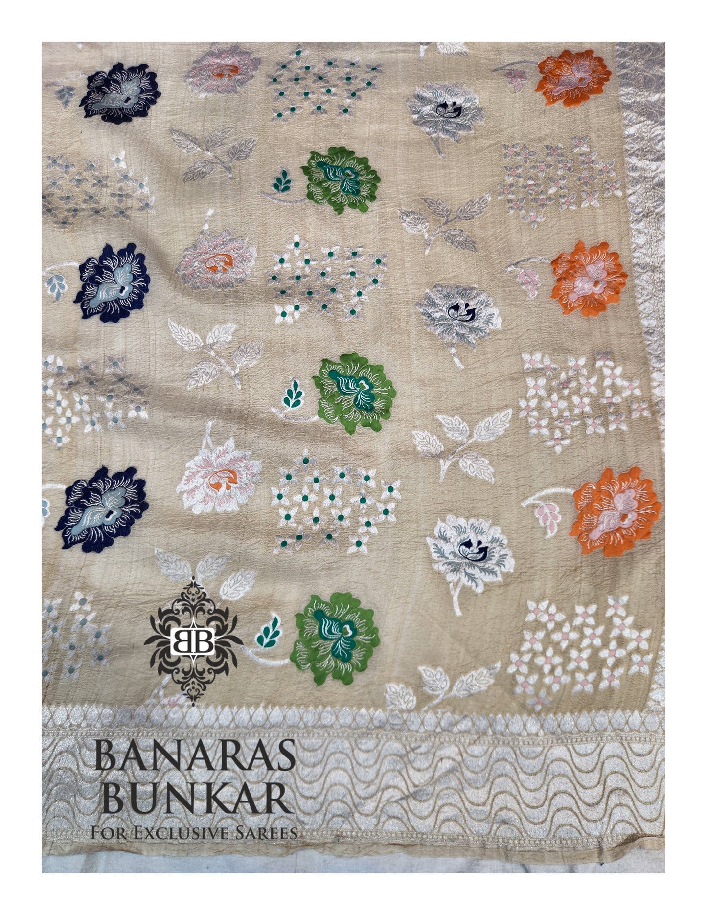 Banarasi Handloom Pure Khaddi Tussar Georgette Saree with Elegant Resham Floral Buti & Silver Zari Weaving