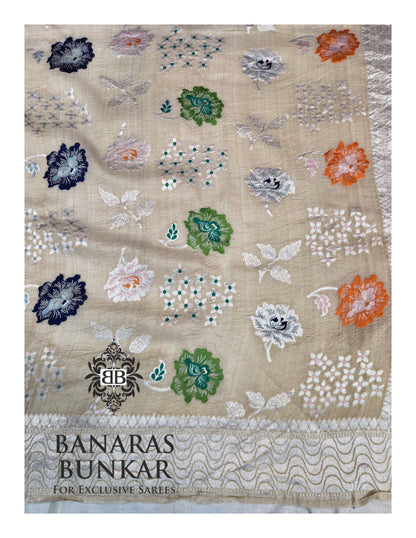 Banarasi Handloom Pure Khaddi Tussar Georgette Saree with Elegant Resham Floral Buti & Silver Zari Weaving