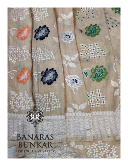 Banarasi Handloom Pure Khaddi Tussar Georgette Saree with Elegant Resham Floral Buti & Silver Zari Weaving