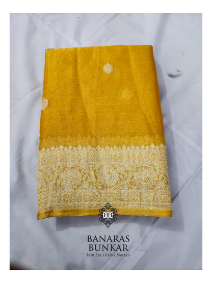 Banarasi Handloom Pure Kaduwa Tissue Georgette Saree with Silver Zari Buti & Equal Border