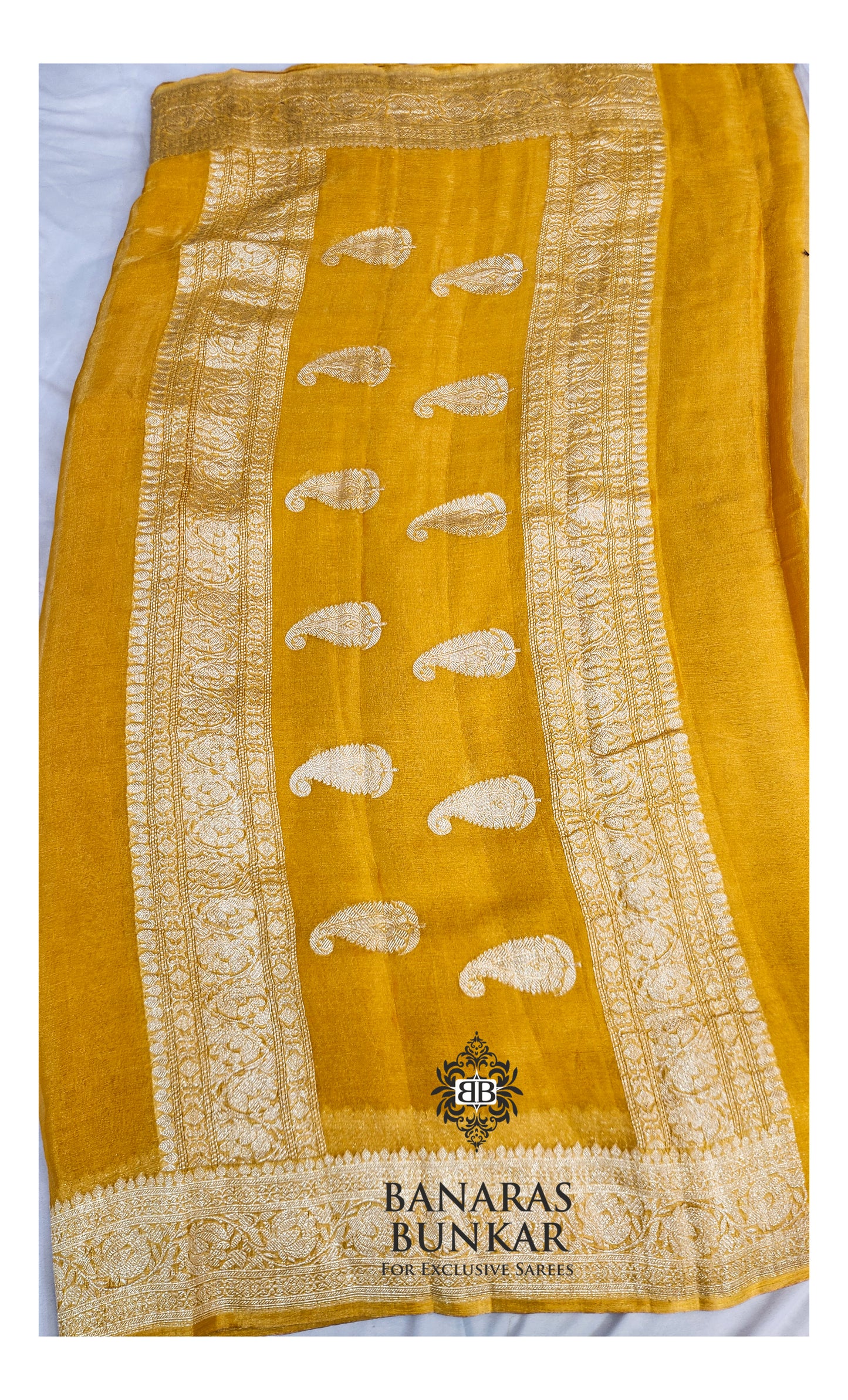 Banarasi Handloom Pure Kaduwa Tissue Georgette Saree with Silver Zari Buti & Equal Border