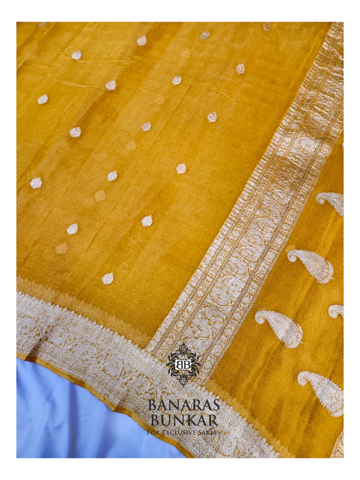 Banarasi Handloom Pure Kaduwa Tissue Georgette Saree with Silver Zari Buti & Equal Border