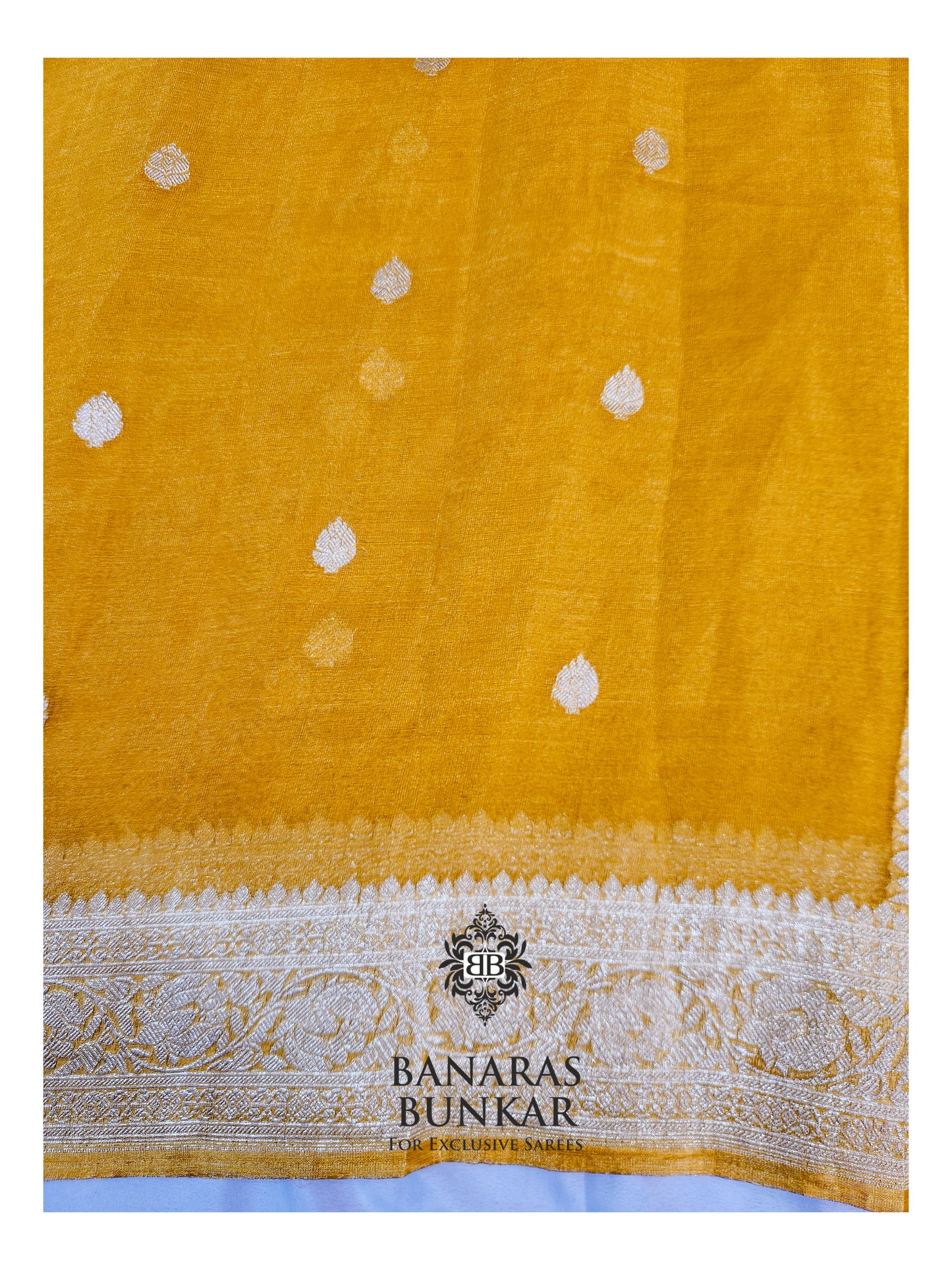 Banarasi Handloom Pure Kaduwa Tissue Georgette Saree with Silver Zari Buti & Equal Border