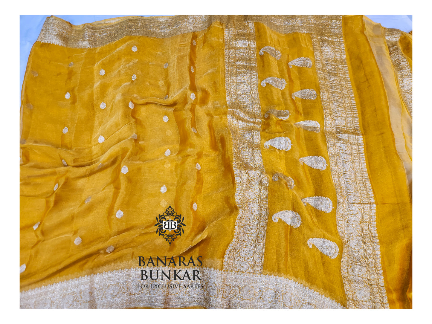 Banarasi Handloom Pure Kaduwa Tissue Georgette Saree with Silver Zari Buti & Equal Border