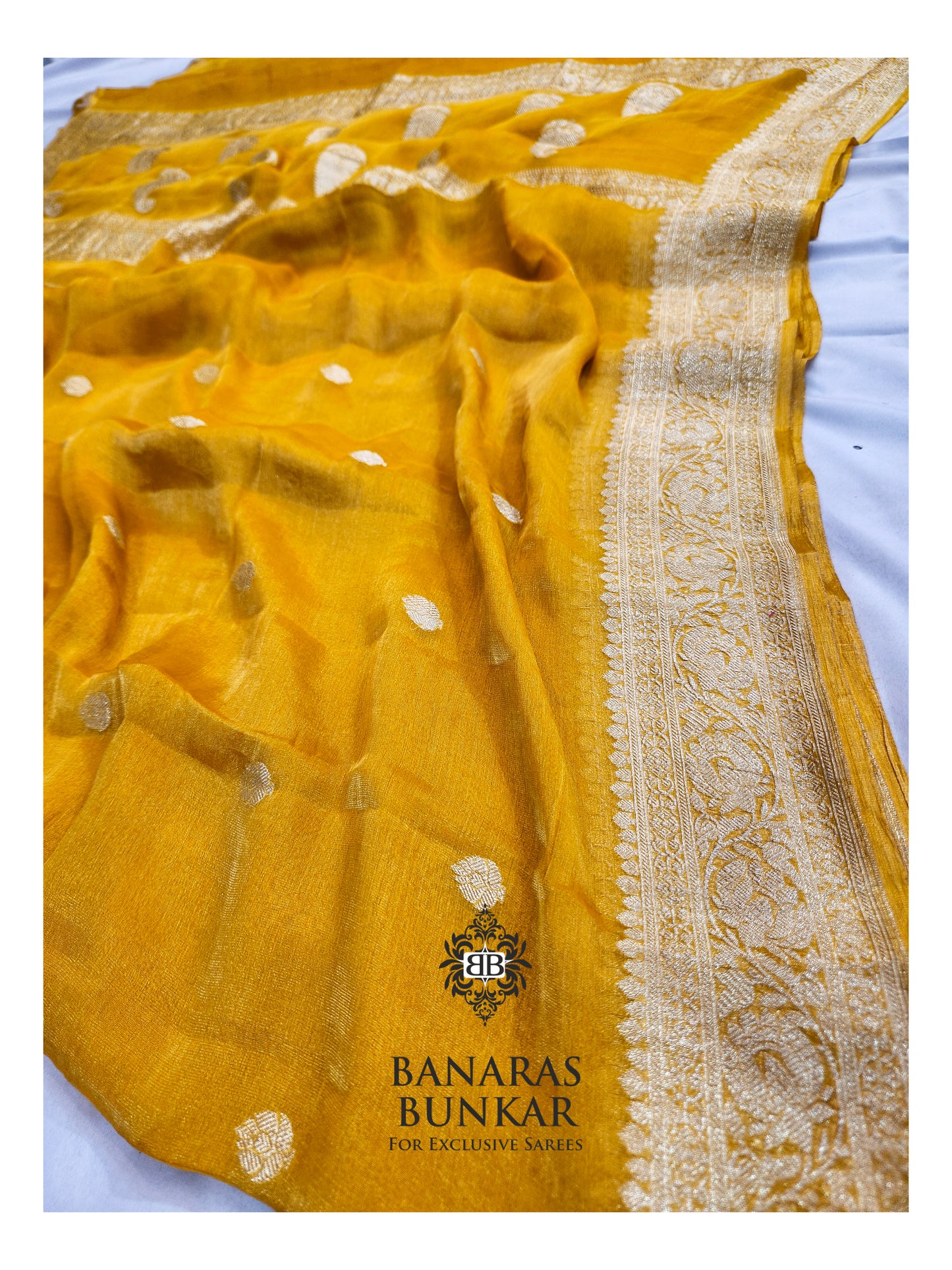 Banarasi Handloom Pure Kaduwa Tissue Georgette Saree with Silver Zari Buti & Equal Border