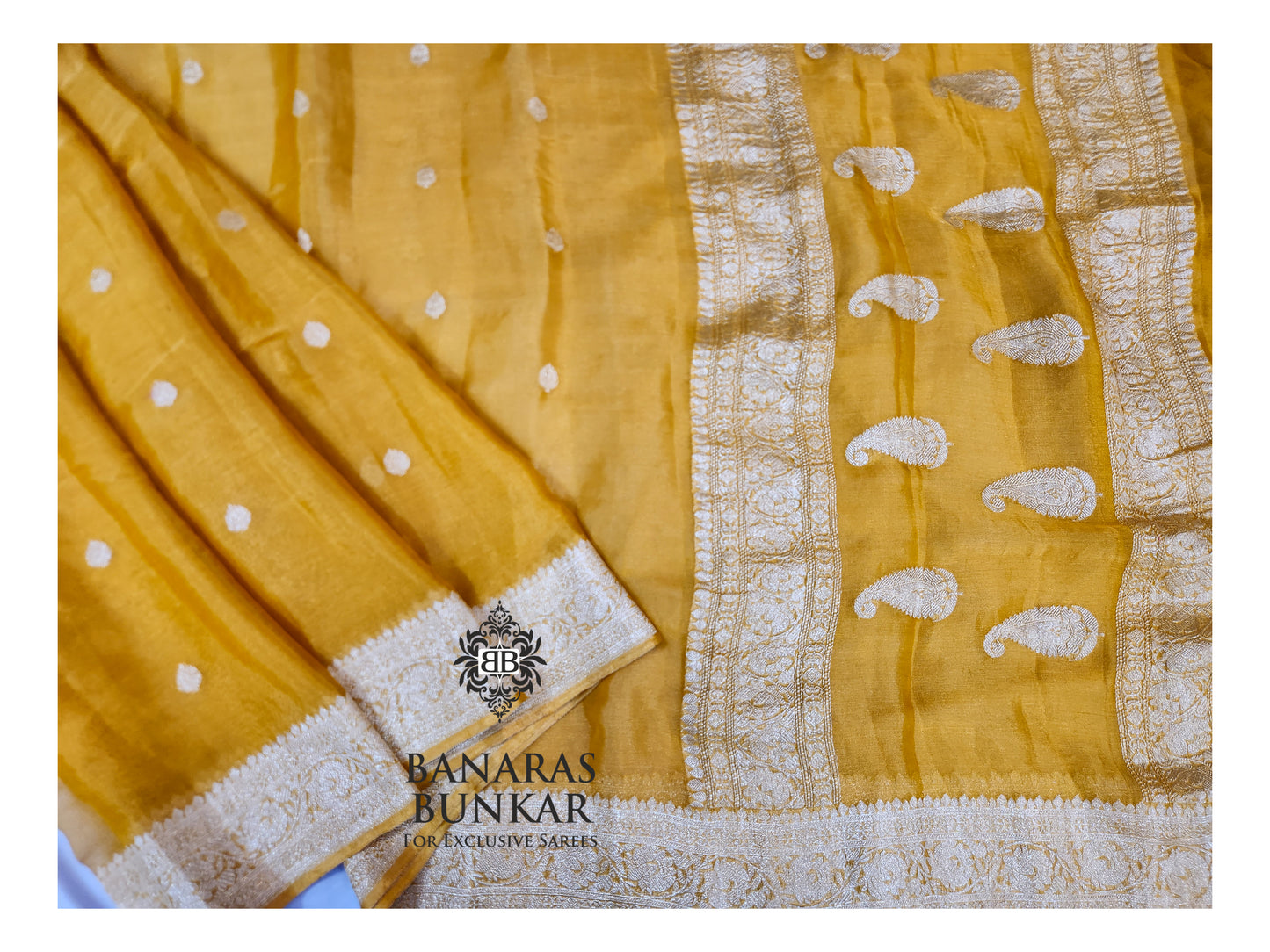 Banarasi Handloom Pure Kaduwa Tissue Georgette Saree with Silver Zari Buti & Equal Border
