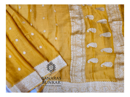 Banarasi Handloom Pure Kaduwa Tissue Georgette Saree with Silver Zari Buti & Equal Border