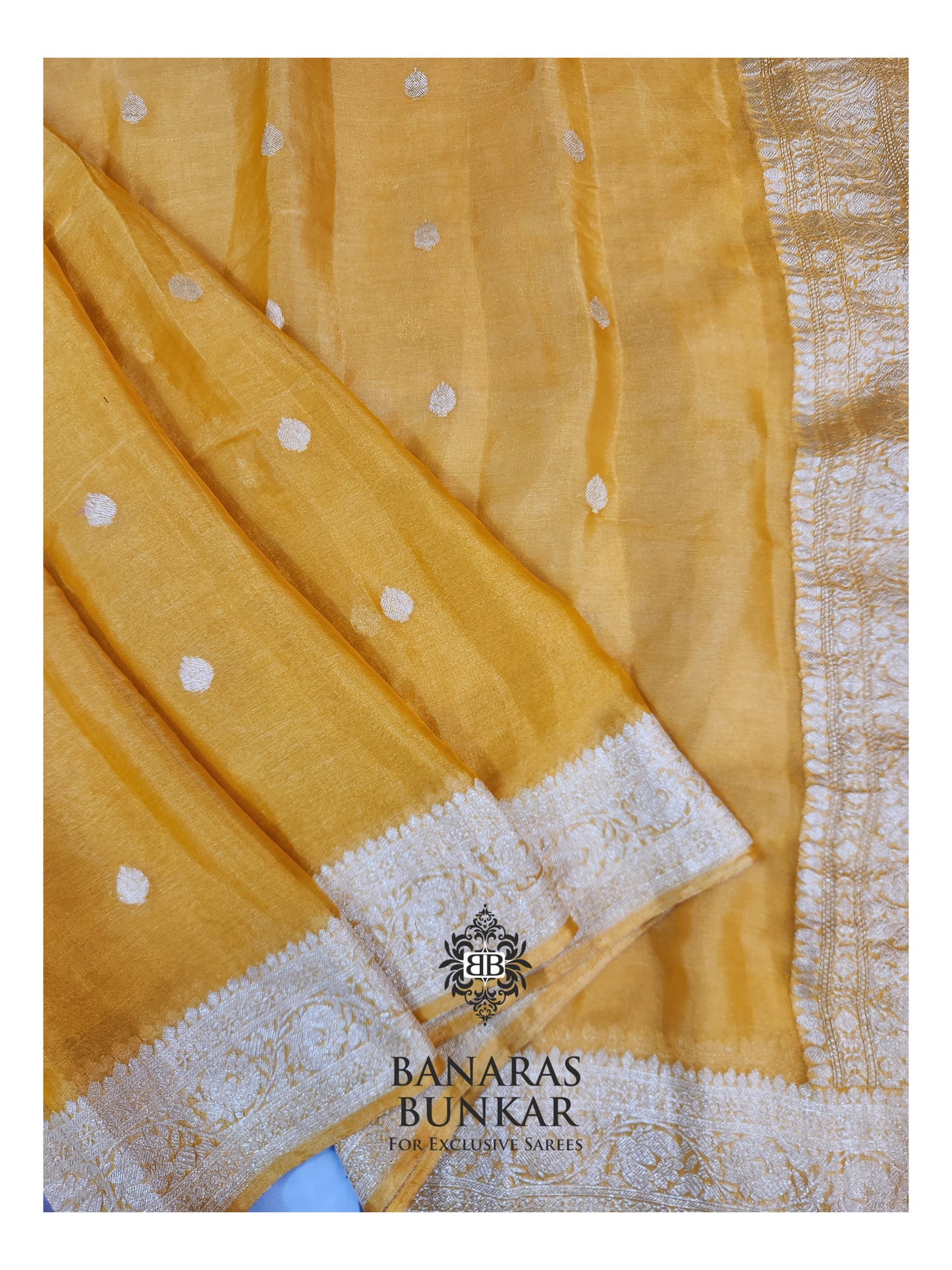 Banarasi Handloom Pure Kaduwa Tissue Georgette Saree with Silver Zari Buti & Equal Border