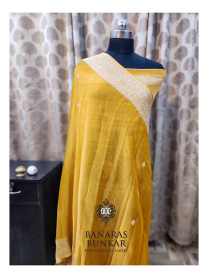 Banarasi Handloom Pure Kaduwa Tissue Georgette Saree with Silver Zari Buti & Equal Border