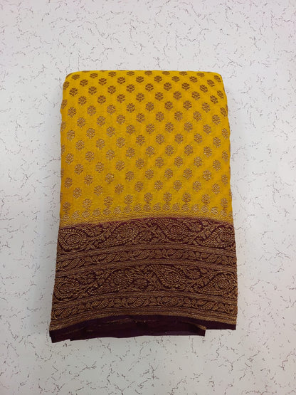 Banarasi Pure Khaddi Georgette silk saree- yellow - coffee