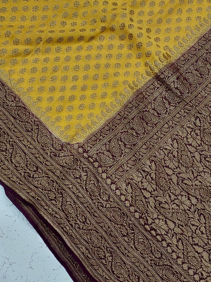 Banarasi Pure Khaddi Georgette silk saree- yellow - coffee