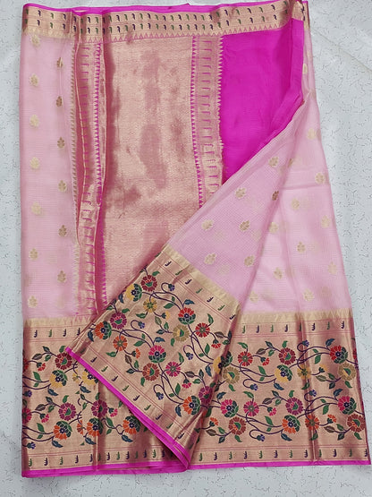 Banarasi Pure Kota Tussar silk saree with paithani skirt Border-  light & Rani