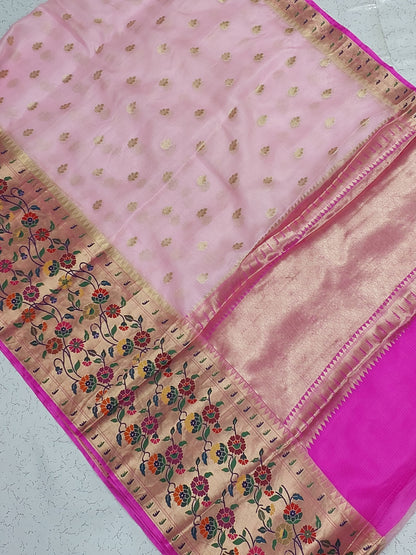 Banarasi Pure Kota Tussar silk saree with paithani skirt Border-  light & Rani