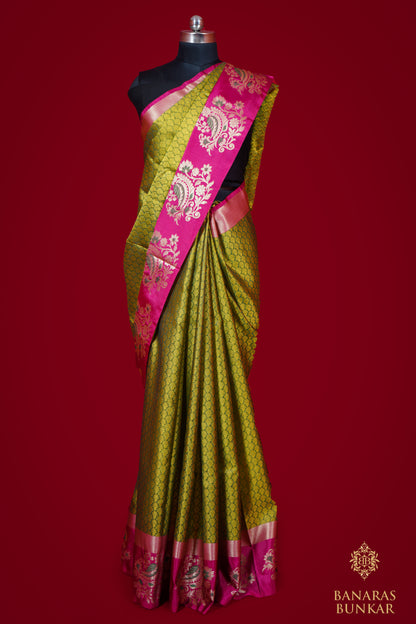 Banarasi Handwoven cotton silk saree allover paan Buta with iskat border