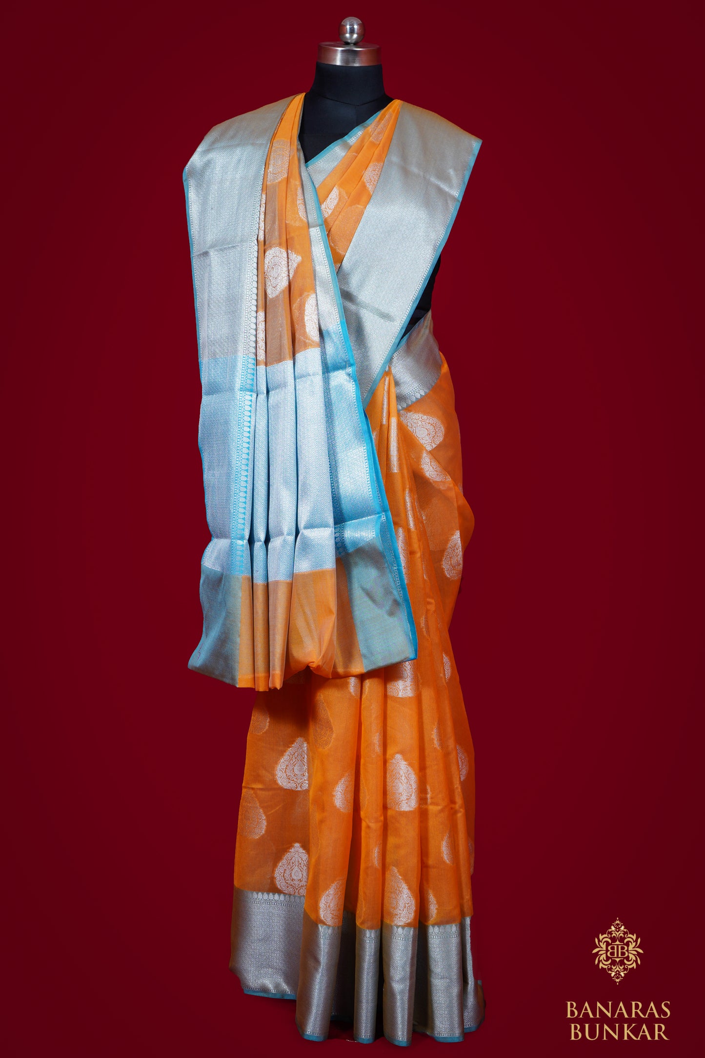 Banarasi Handwoven cotton silk saree allover paan Buta with iskat border