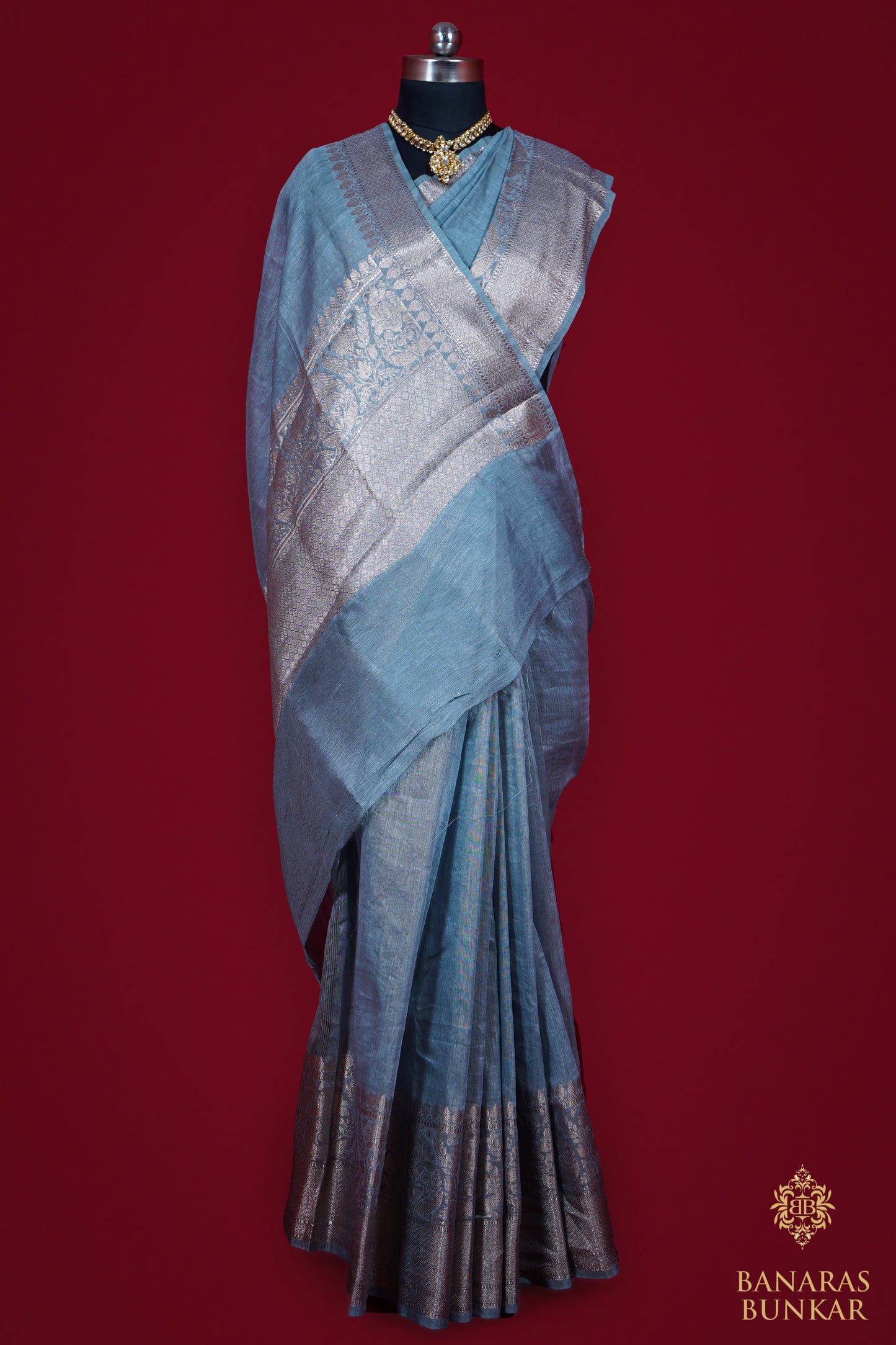 Banarasi Handloom Linen silk saree allover plane with skirt Border