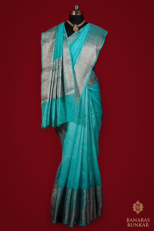 Banarasi Handloom Linen silk saree allover plane with skirt Border